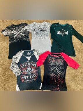 LOT of 5 Womens Y2K Vintage 2000s Affliction/Sinful Tops Shirts Size S